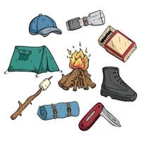 colección de elementos de camping o senderismo dibujados a mano vector