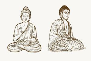 buddha meditating hand drawn illustration two different position set