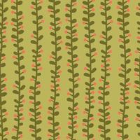 Vertical lash branches with leaves and red berries vector seamless pattern. Floral botanical texture hand drawn style for textile, fabric, wrapper, wallpaper.