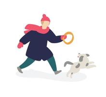 Illustration of a girl playing with a dog. Vector. Girl teenager in coat runs along with a gray dog. Two friends. Flat cartoon style. Rest with the best friend in nature. Winter walks. vector