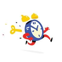 Cartoon character running alarm clock. Vector illustration. Time is up. The clock is running. Image is isolated on white background. Flat illustration for banner, print and website. Mascot company.