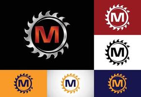 Initial M monogram alphabet with the saw blade. Carpentry, woodworking logo design. Font emblem. Modern vector logo for sawmill business and company identity