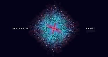 Abstract glowing fiber optics background element. Small particles strive out of center. vector illustration use for quantum technology, digital, science, music, communication.