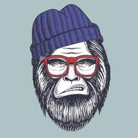 Bigfoot hand drawn wearing a red glasses and beanie