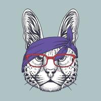 gato serval dibujado a mano con gafas rojas y pañuelo vector