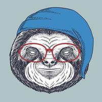 Sloth sleeping hand drawn wearing a red glasses and sleeping hat vector