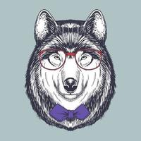 wolf hand drawn wearing a red glasses and bow tie vector