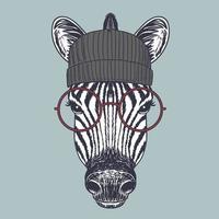 Zebra smile hand drawn wearing a red glasses and beanie vector