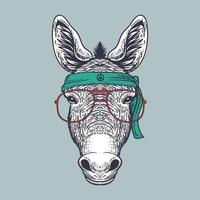 burro dibujado a mano con gafas rojas y bandana paz vector