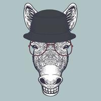 Donkey hand drawn wearing a red glasses and bucket hat vector