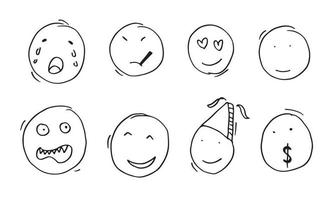 Hand drawn emoticon set, vector on white background.