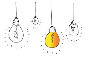 Hand drawn light bulb icons with concept of idea. Doodle style. Vector illustration.