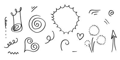 hand drawn set element,black on white background.arrow,heart,light,king,emphasis,swirl,for concept design. vector