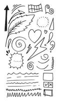 hand drawn set elements, black on white background. arrow,heart, light, flag, emphasis, vortex,exclamation mark, question mark, leaf, straight line, speech bubble, for concept design. vector