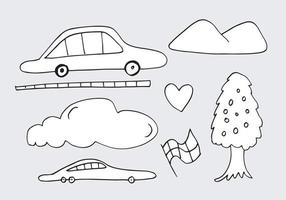 fondo de transporte de dibujos animados para niños con carros de juguete de garabatos y naturaleza con colinas y árboles.