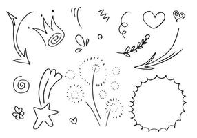 hand drawn set element,black on white background.arrow,heart,light,king,emphasis,leaf,star,swirl,for concept design. vector
