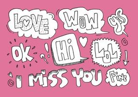 Handdrawn arrows, borders set with handwritten textlove,wow,yes,ok,hi,lol,i miss you,fine. Vector icon.