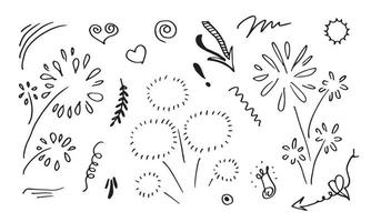 hand drawn set element,black on white background.Arrow,leaves,heart,light,king,emphasis,swirl,for concept design. vector