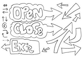 Handdrawn arrows, borders set with handwritten textopen,close,exit. Vector icon.