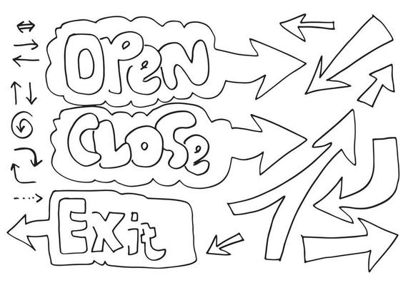 Handdrawn arrows, borders set with handwritten textopen,close,exit. Vector icon.