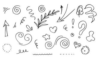 leaves, hearts, abstract, ribbons, arrows and other elements in hand drawn styles for concept designs. Doodle illustration. Vector template for decoration