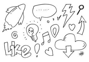 Vector social media scribbles such as rockets, likes, hearts, arrows, speech bubbles and other elements