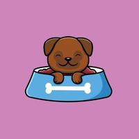 Cute Pug Dog On Food Bowl Cartoon Vector Icon Illustration. Animal Icon Concept Isolated Premium Vector. Flat Cartoon Style