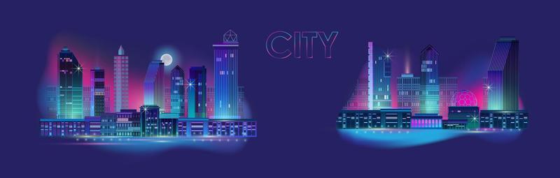 Night City Panorama with Neon Glow on Dark Background. Vector.