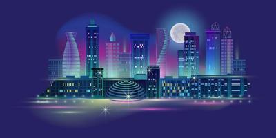 Night City Panorama with Neon Glow on Dark Background. Vector. vector