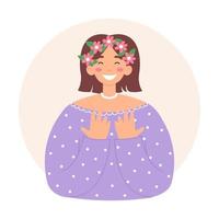 Happy girl with flower wreath smiling. Concept of the Womens Day. Cute flat vector illustration isolated on white bachground