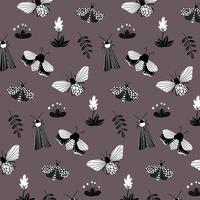 Seamless pattern with black and white butterflies, moths, dragonflies and botanical elements. Vector pattern in cartoon style. For clothing, fabric, wallpaper and all prints on a white background