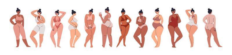 A collection of plump girls. A large set of hand-drawn diverse young plus size women in nude swimwear and pregnant women. Vector stock illustration isolated in cartoon style.