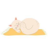 Cat sleeps on the mat. Cute hand draw Sleeping cat. Pet. Coziness and comfort. Hand draw Vector illustration.