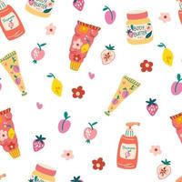 Body cream seamless pattern. Hand drawn cosmetics packaging, serum, cream. Skin nutrients, care, treatment, cosmetics store. Perfect for textile, wallpaper and scrapbook. Vector cartoon illustration