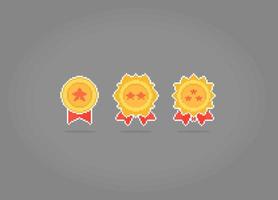 8 bit pixel a rank icon. Golden Medal for game assets and cross stitch patterns in vector illustrations.