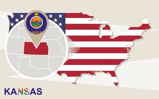 USA map with magnified Kansas State. Kansas flag and map. vector