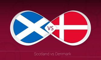 Escocia vs Dinamarca en competición de fútbol, grupo f. versus icono en el fondo del fútbol. vector
