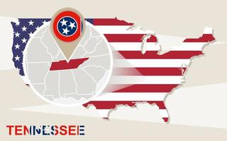 mapa de estados unidos con el estado de tennessee ampliado. bandera y mapa de tennessee. vector