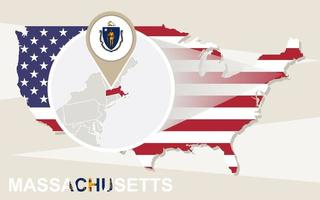 USA map with magnified Massachusetts State. Massachusetts flag and map. vector