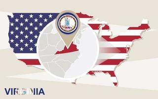 USA map with magnified Virginia State. Virginia flag and map. vector