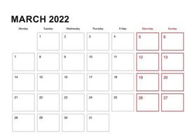 Wall planner for March 2022 in English language, week starts in Monday. vector