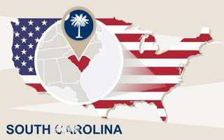 USA map with magnified South Carolina State. South Carolina flag and map. vector