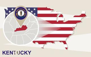 USA map with magnified Kentucky State. Kentucky flag and map. vector