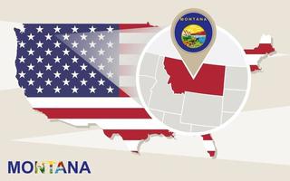 USA map with magnified Montana State. Montana flag and map. vector