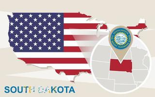 USA map with magnified South Dakota State. South Dakota flag and map. vector