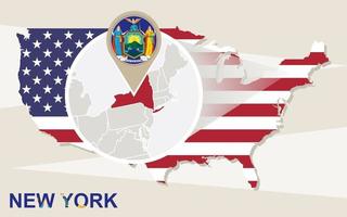 USA map with magnified New York State. New York flag and map. vector