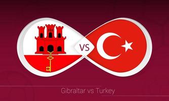 gibraltar vs turquia en competencia de futbol, grupo g. versus icono en el fondo del fútbol. vector