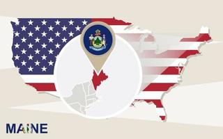 USA map with magnified Maine State. Maine flag and map. vector