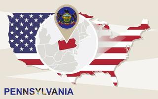 USA map with magnified Pennsylvania State. Pennsylvania flag and map. vector