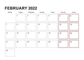 Wall planner for February 2022 in English language, week starts in Monday. vector